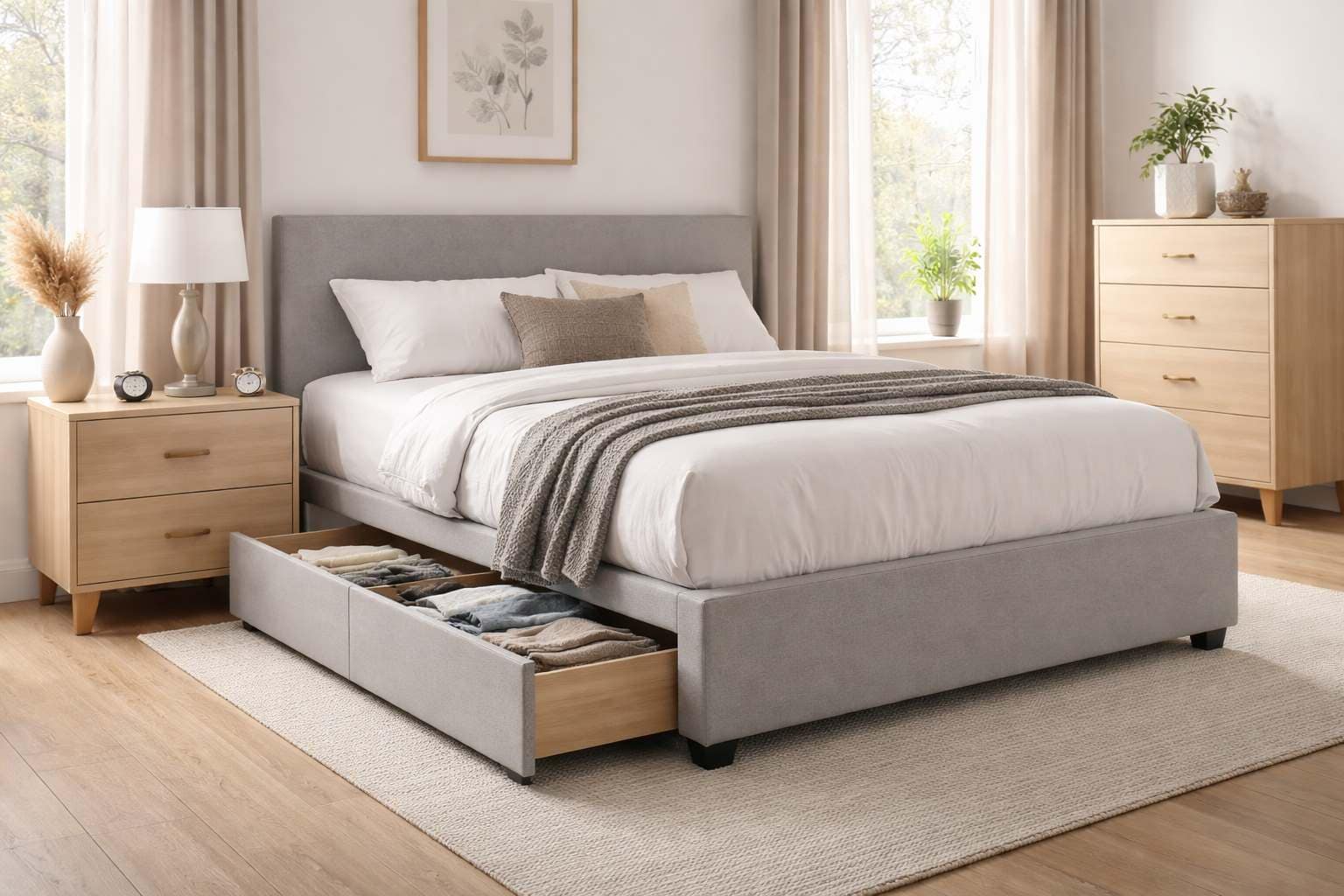 Modern upholstered storage bed with drawers in a small bedroom